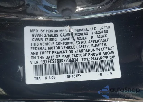 2019 Honda Civic Lx z USA, uszkodzony, nr VIN 19XFC2F60KE206034